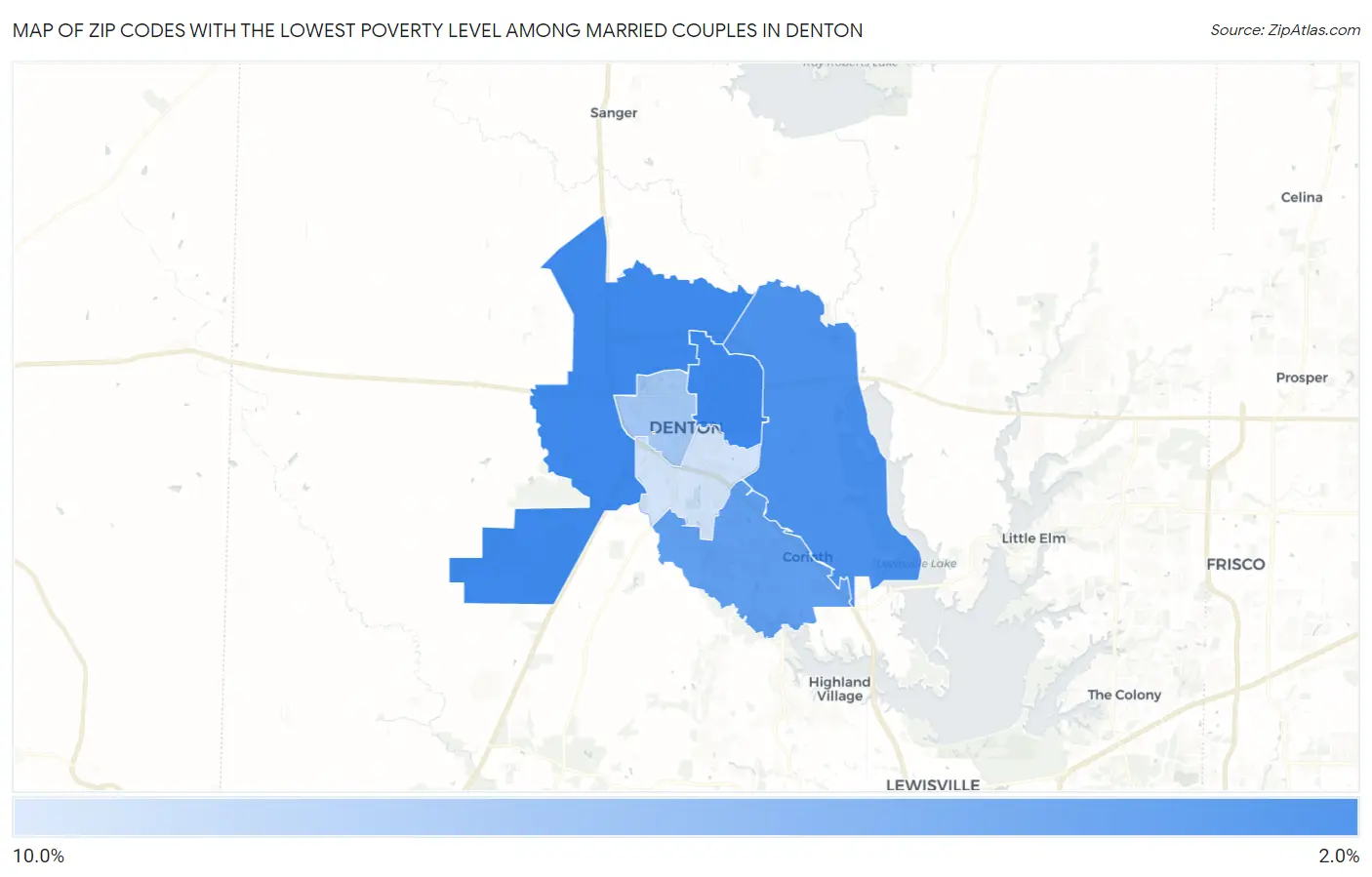 Zip Codes with the Lowest Poverty Level Among Married Couples in Denton Map