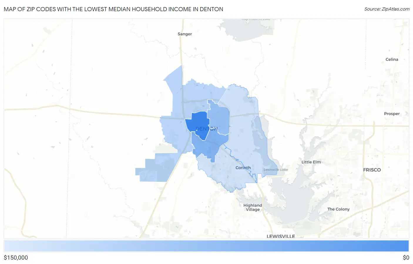 Zip Codes with the Lowest Median Household Income in Denton Map