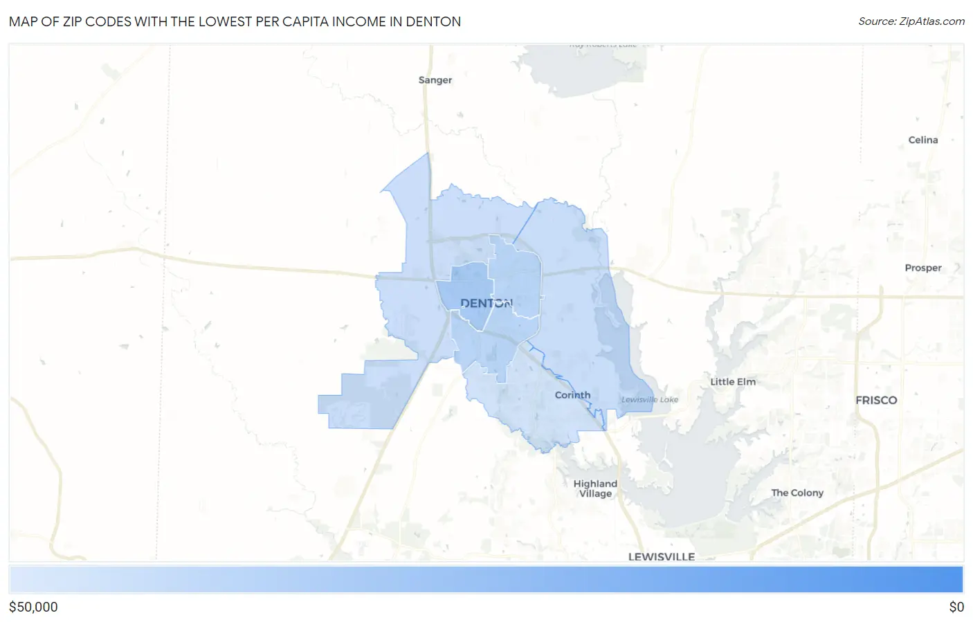 Zip Codes with the Lowest Per Capita Income in Denton Map