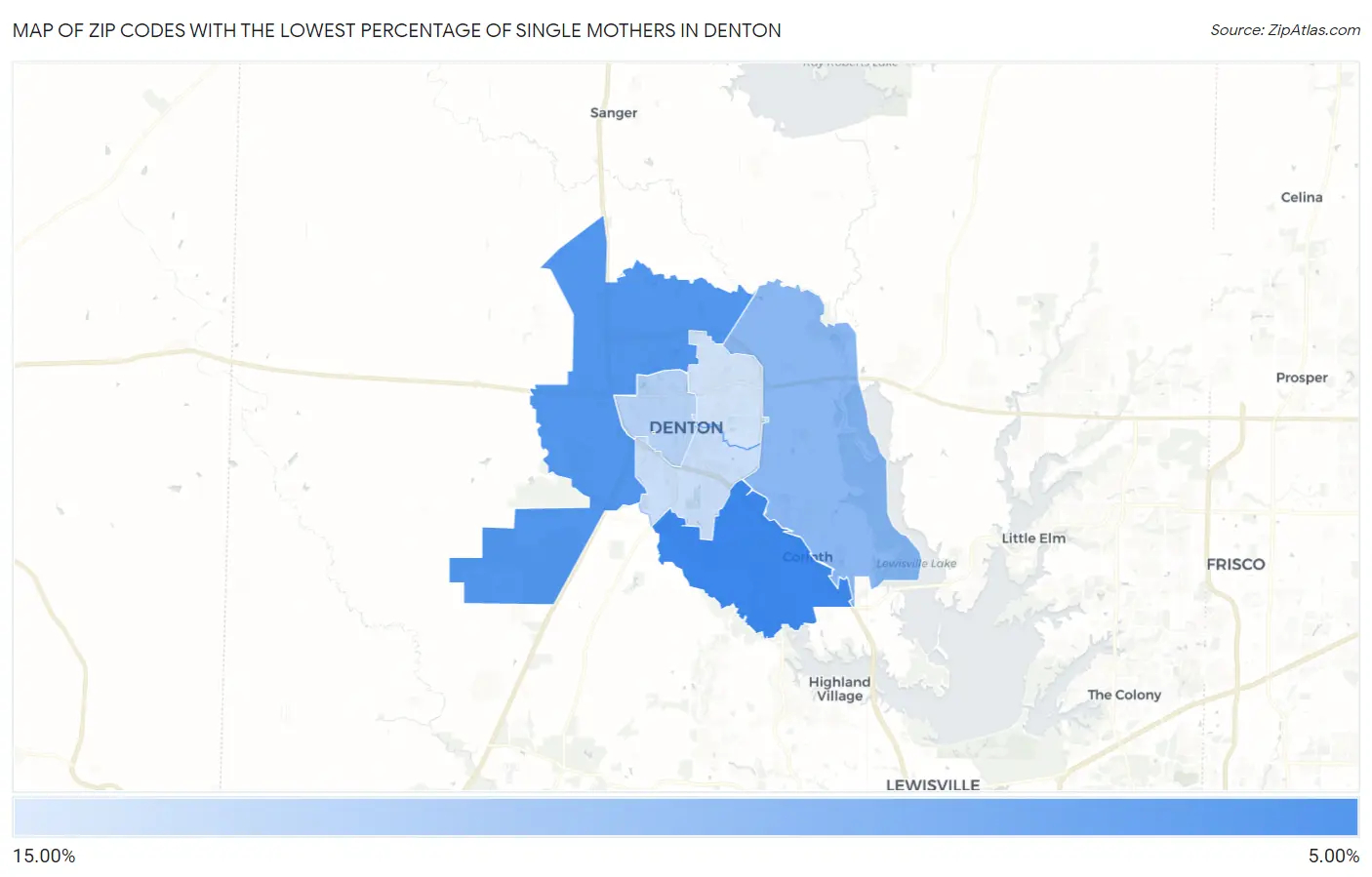 Zip Codes with the Lowest Percentage of Single Mothers in Denton Map