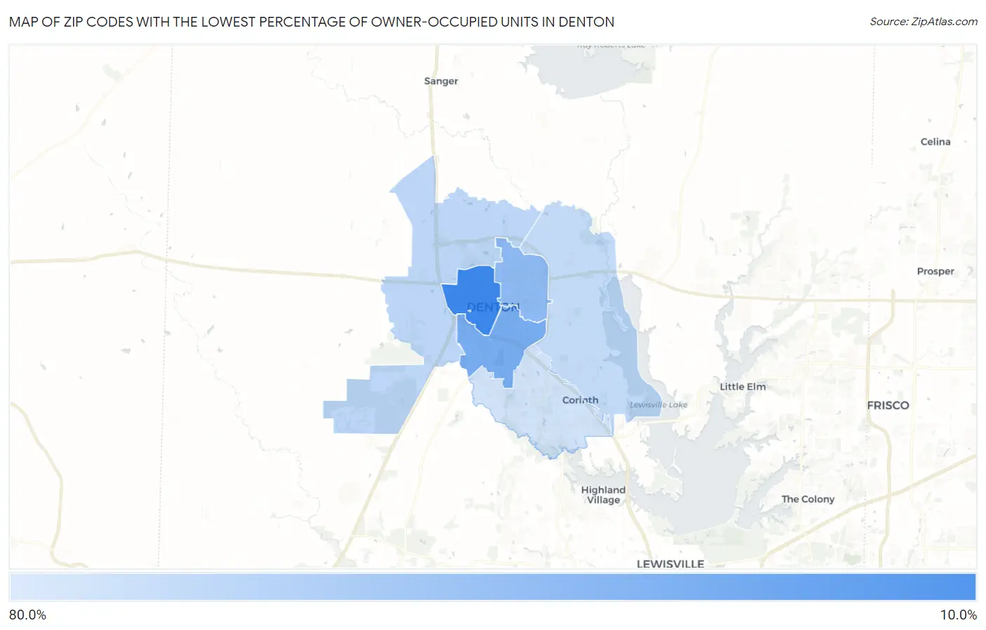 Zip Codes with the Lowest Percentage of Owner-Occupied Units in Denton Map