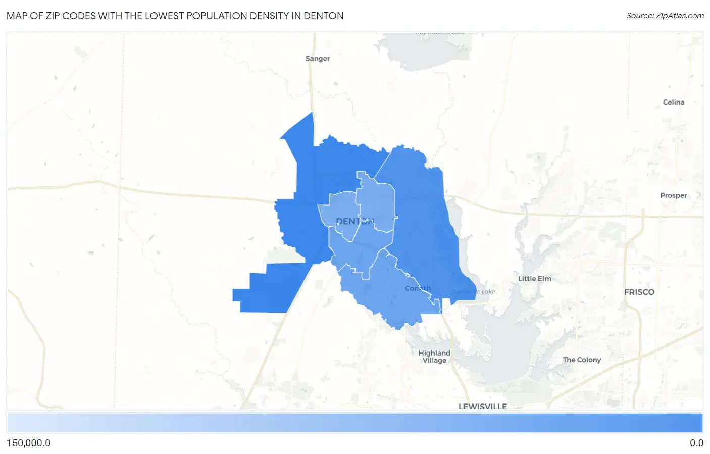 Zip Codes with the Lowest Population Density in Denton Map