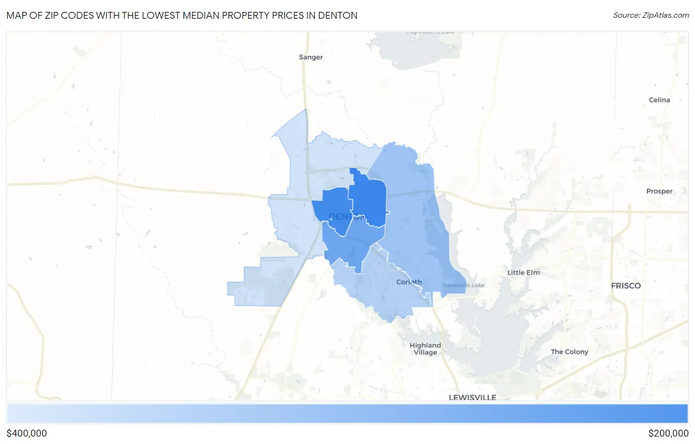 Zip Codes with the Lowest Median Property Prices in Denton Map