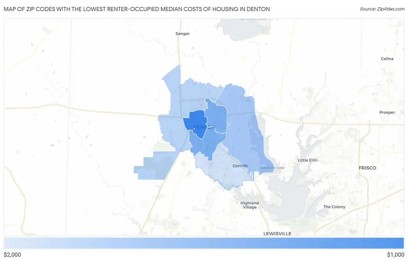 Zip Codes with the Lowest Renter-Occupied Median Costs of Housing in Denton Map