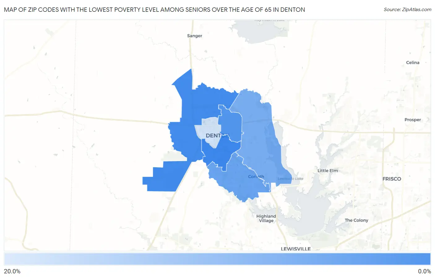 Zip Codes with the Lowest Poverty Level Among Seniors Over the Age of 65 in Denton Map