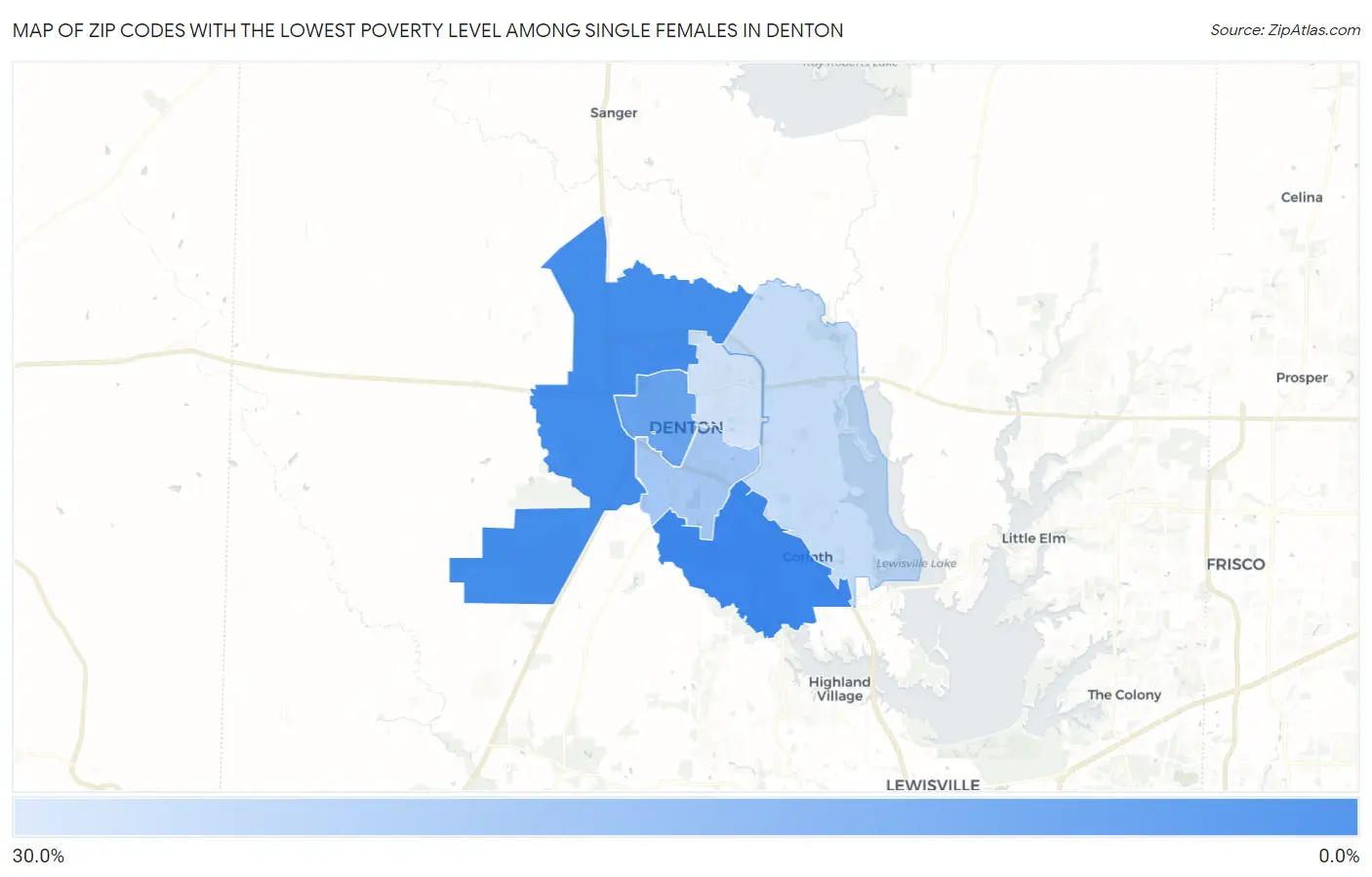 Zip Codes with the Lowest Poverty Level Among Single Females in Denton Map