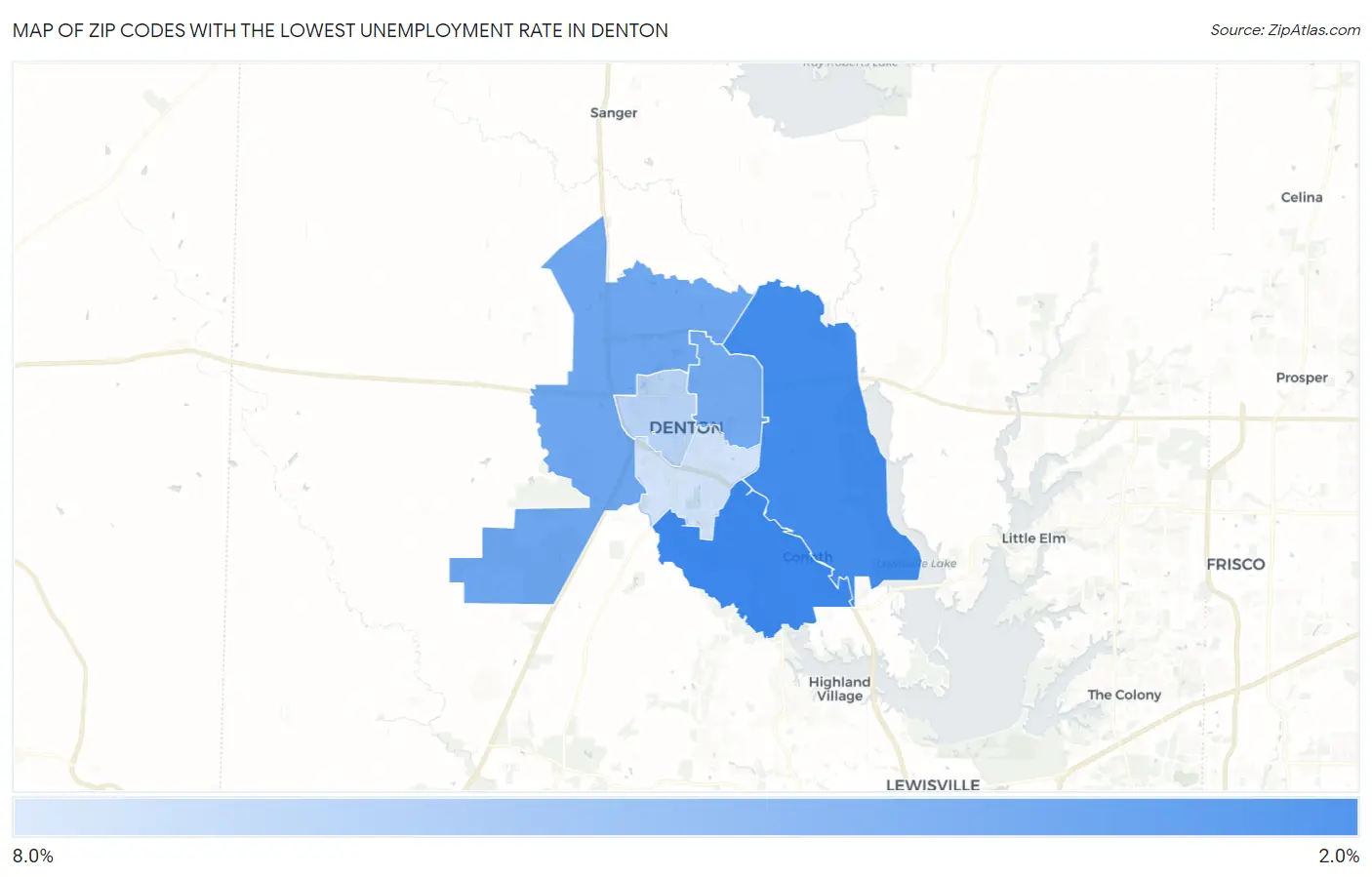 Zip Codes with the Lowest Unemployment Rate in Denton Map