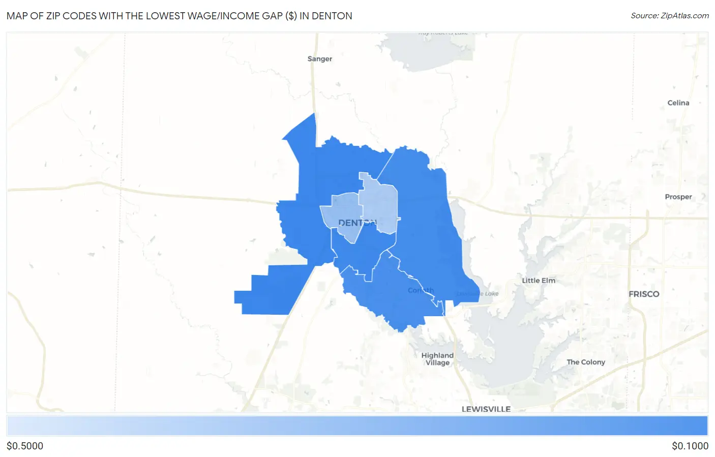 Zip Codes with the Lowest Wage/Income Gap ($) in Denton Map