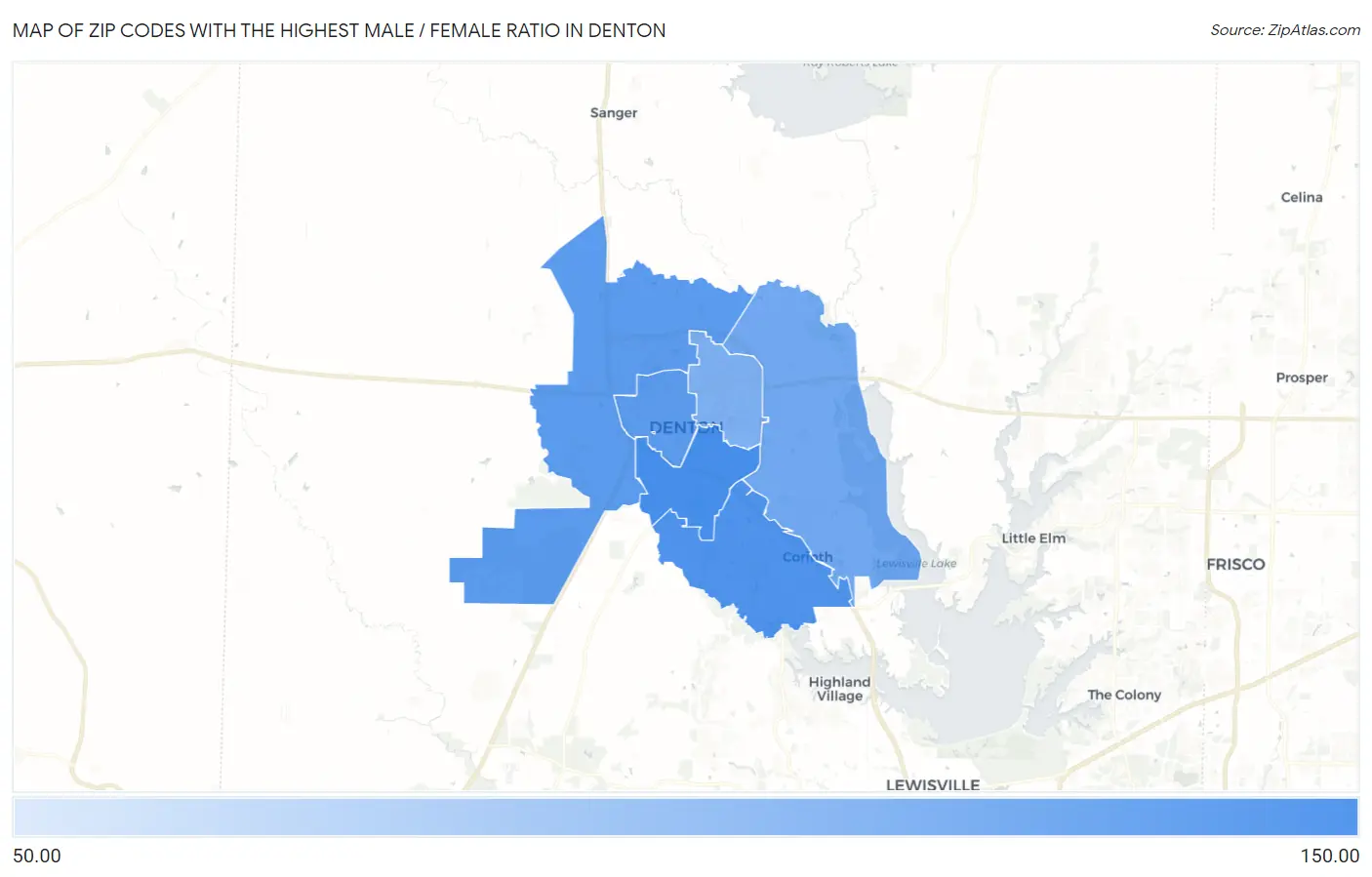 Zip Codes with the Highest Male / Female Ratio in Denton Map