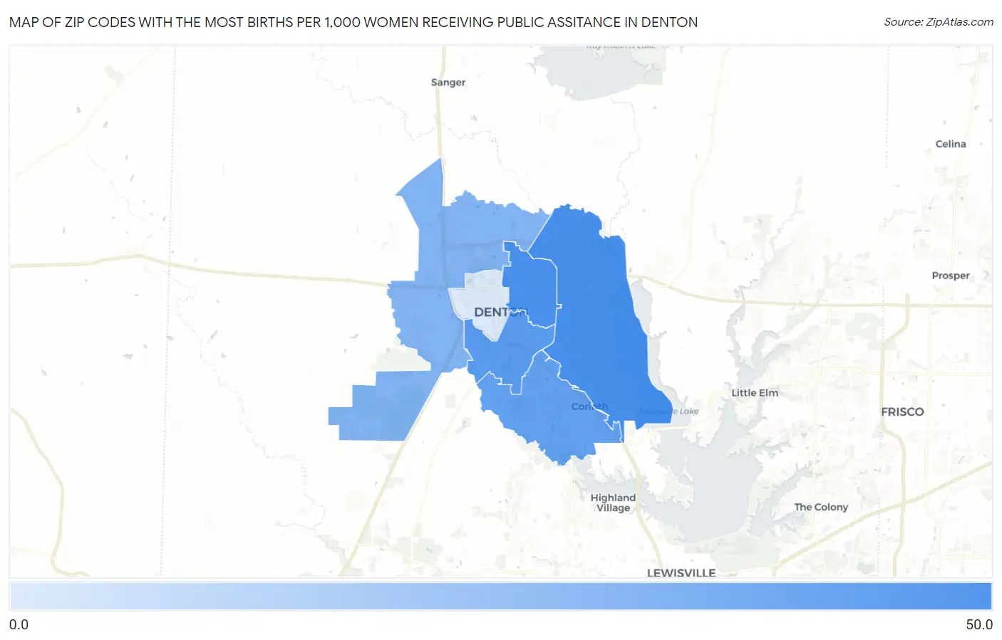 Zip Codes with the Most Births per 1,000 Women Receiving Public Assitance in Denton Map