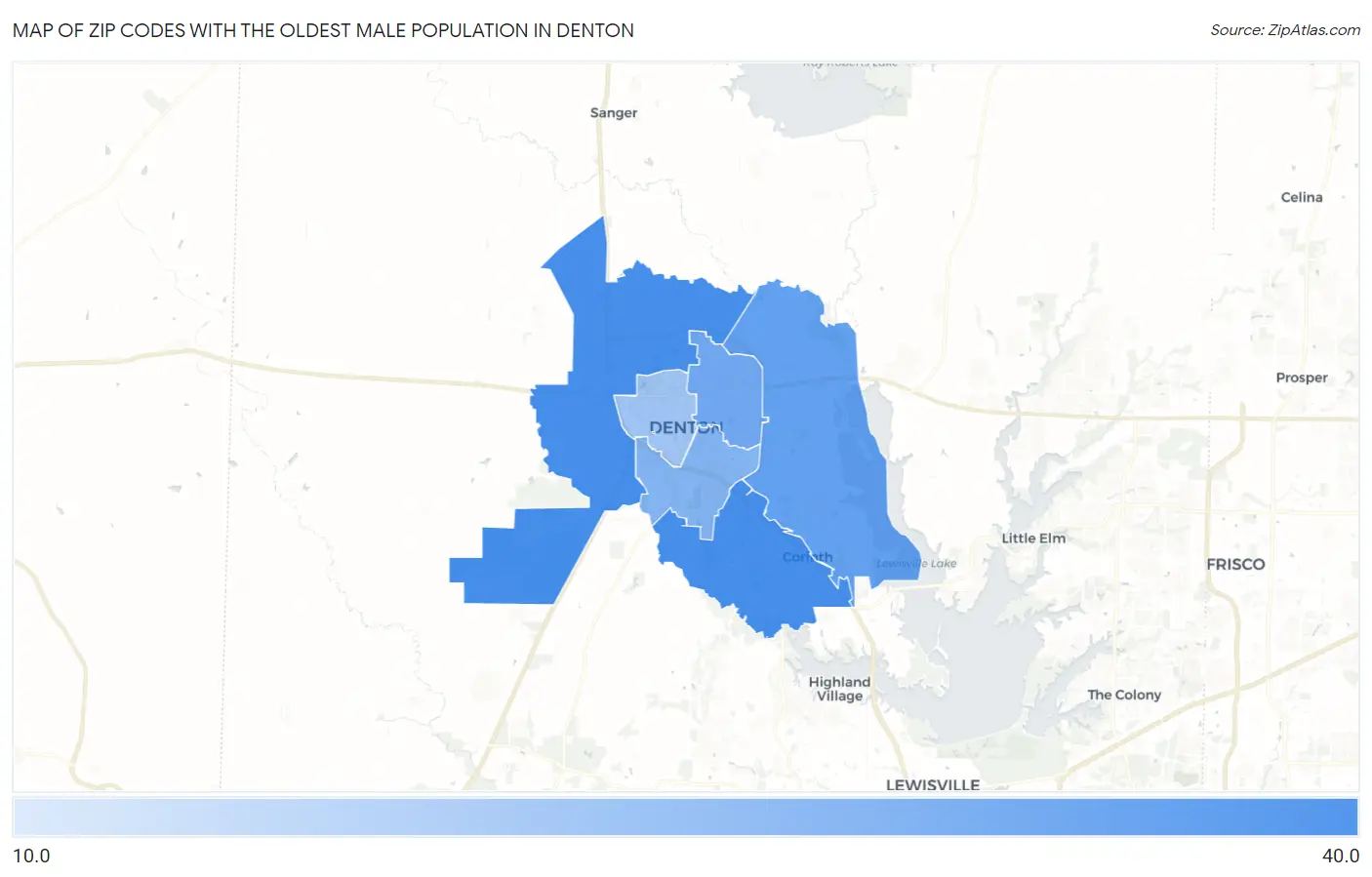 Zip Codes with the Oldest Male Population in Denton Map