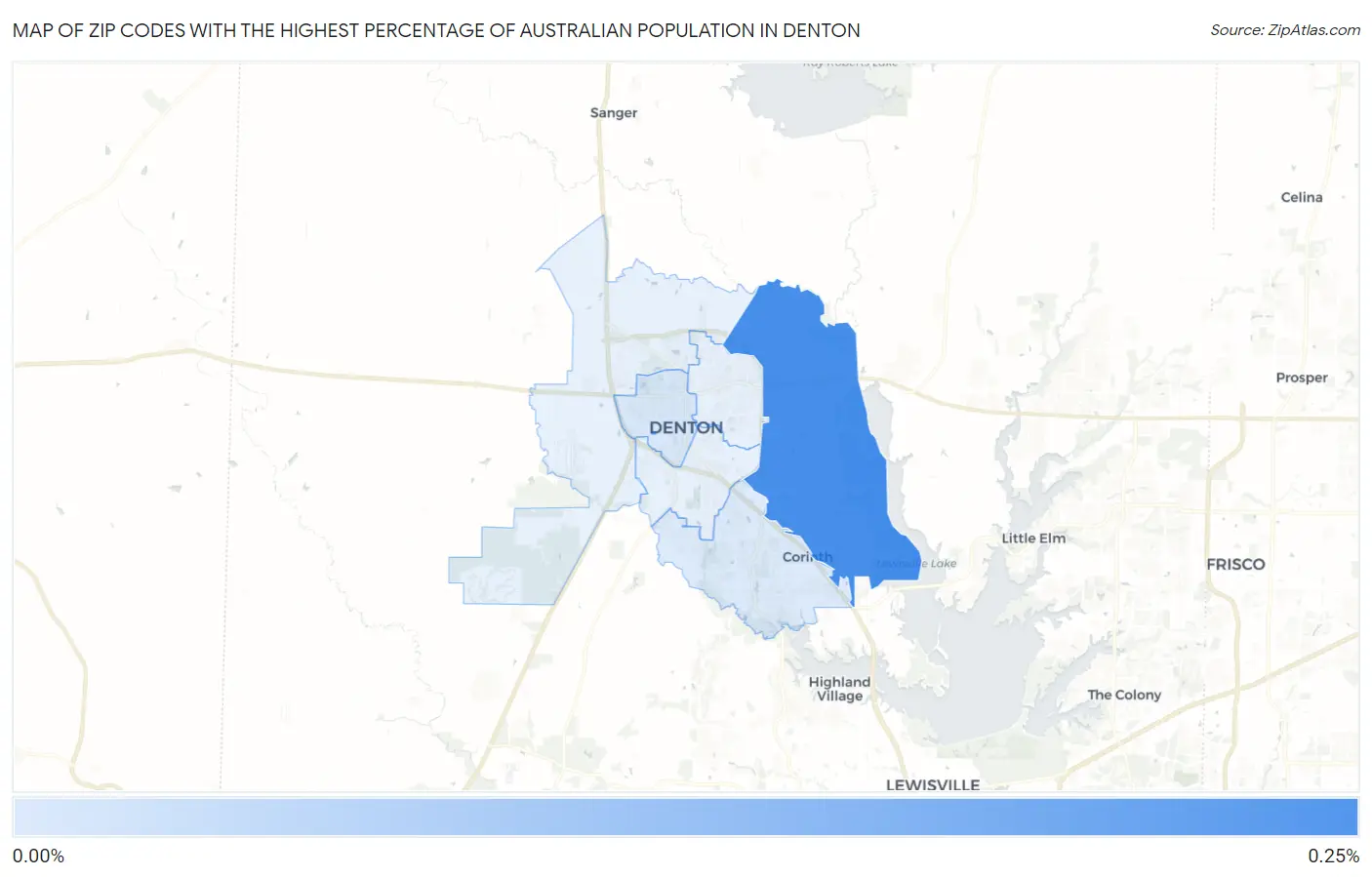 Zip Codes with the Highest Percentage of Australian Population in Denton Map