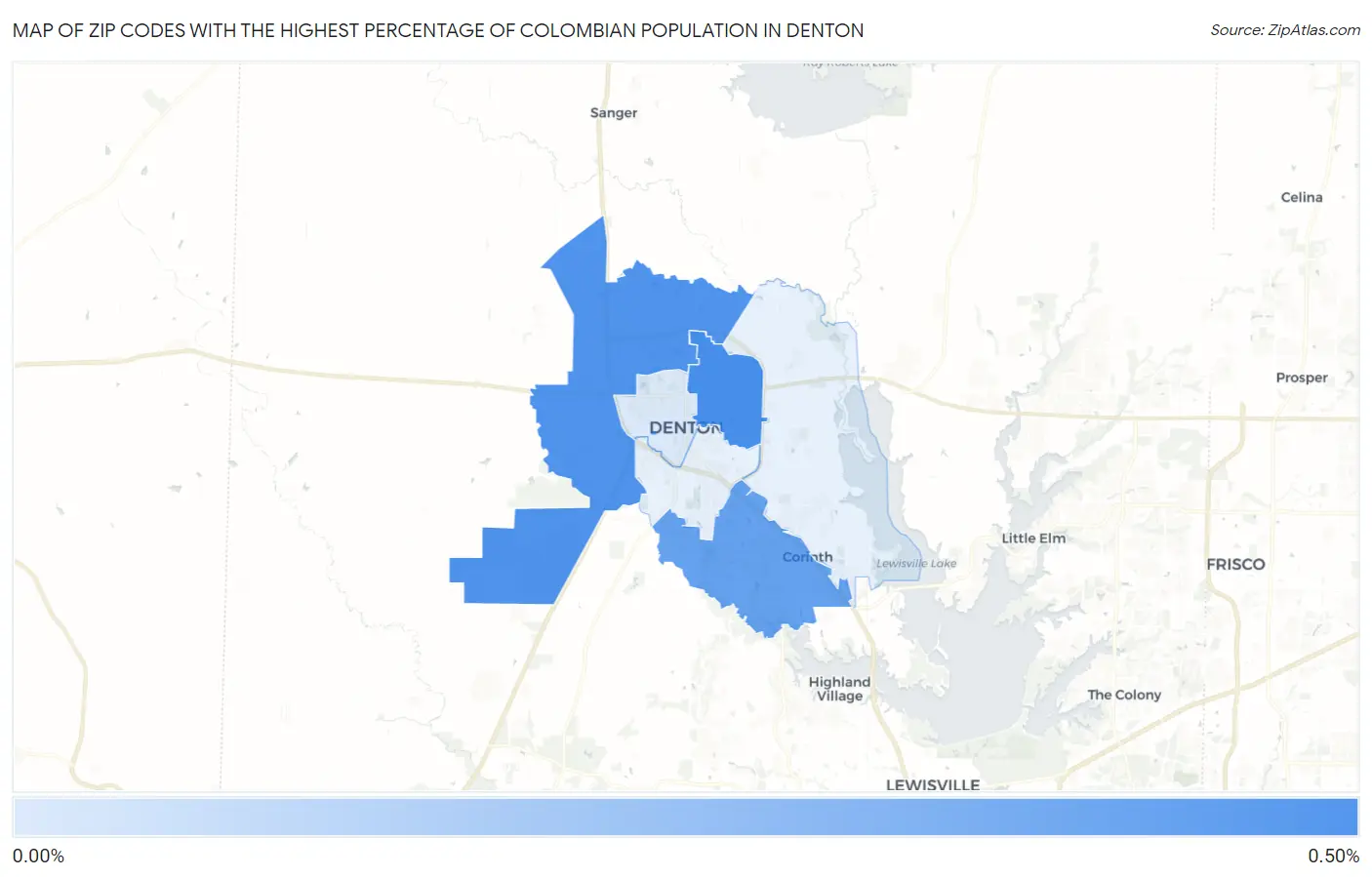 Zip Codes with the Highest Percentage of Colombian Population in Denton Map