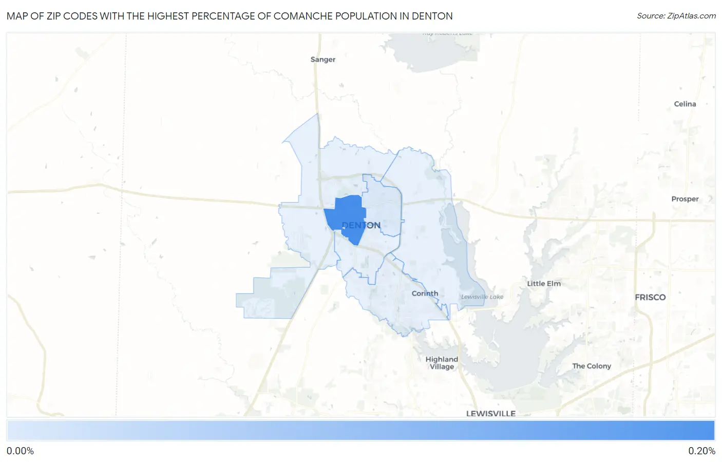 Zip Codes with the Highest Percentage of Comanche Population in Denton Map