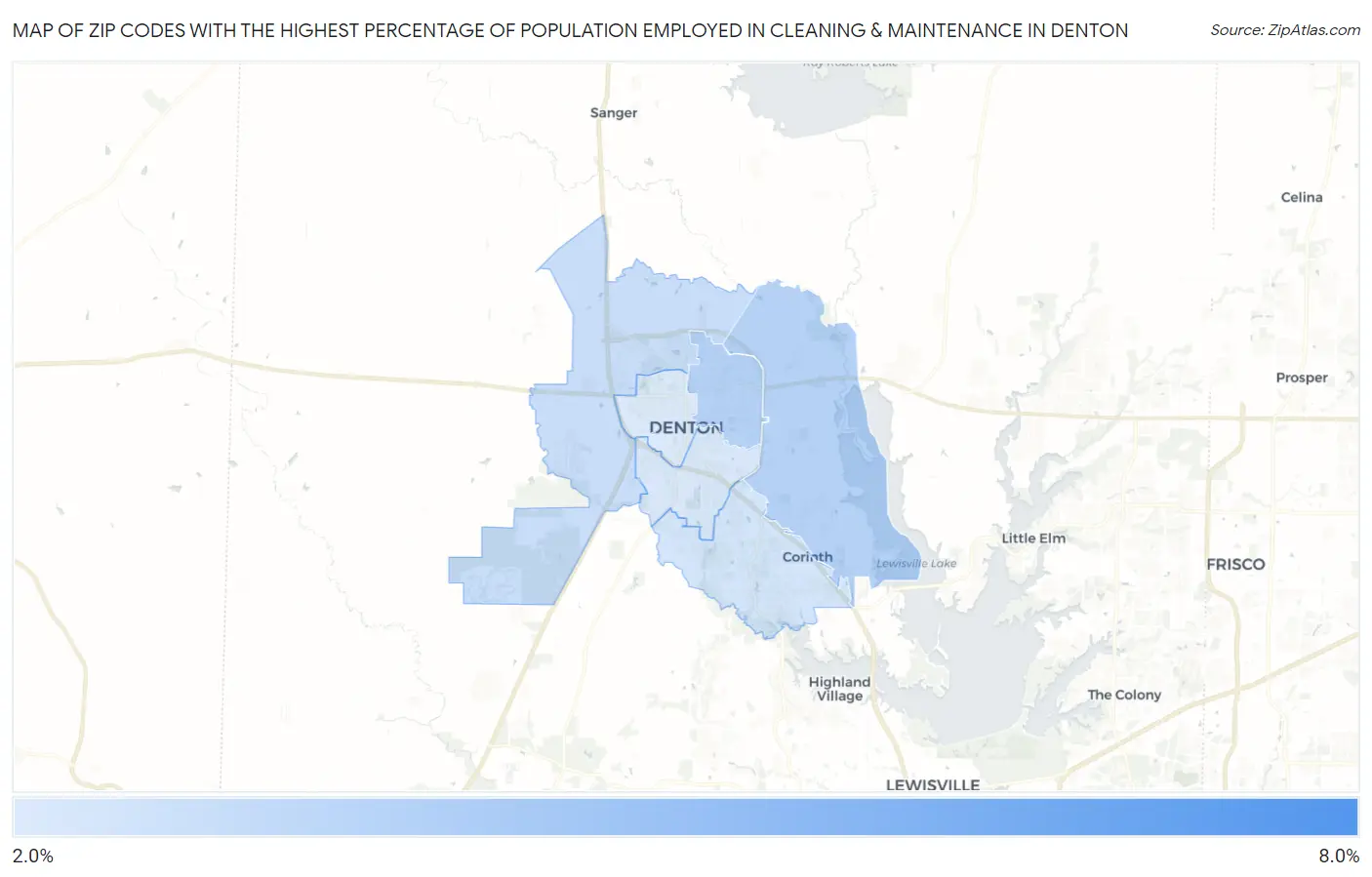 Zip Codes with the Highest Percentage of Population Employed in Cleaning & Maintenance in Denton Map