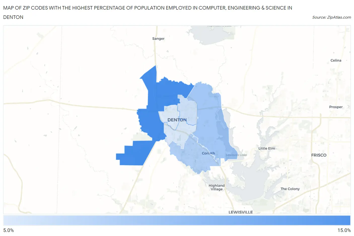 Zip Codes with the Highest Percentage of Population Employed in Computer, Engineering & Science in Denton Map