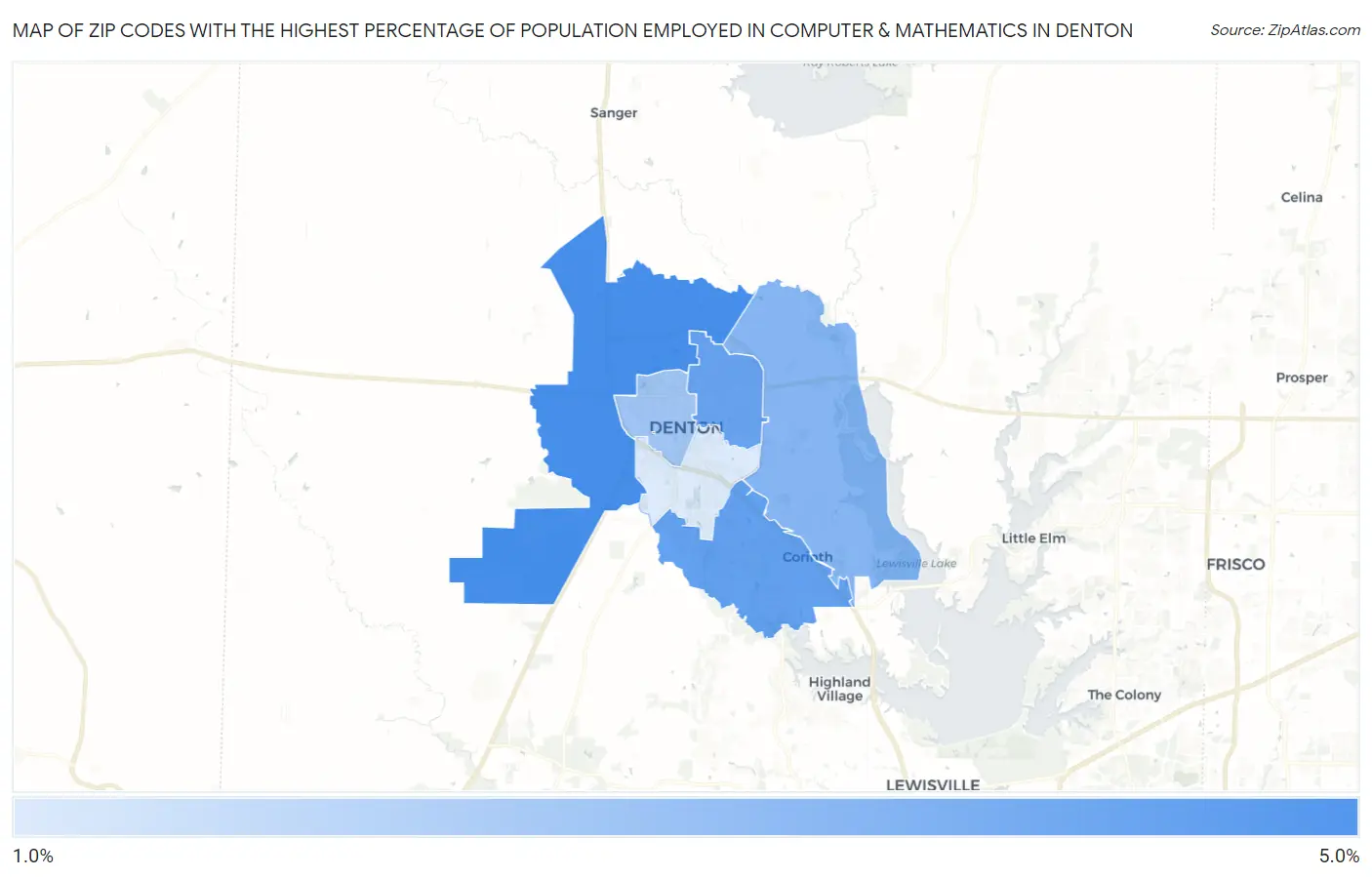 Zip Codes with the Highest Percentage of Population Employed in Computer & Mathematics in Denton Map