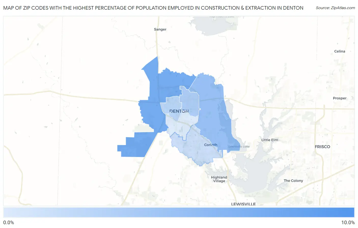 Zip Codes with the Highest Percentage of Population Employed in Construction & Extraction in Denton Map