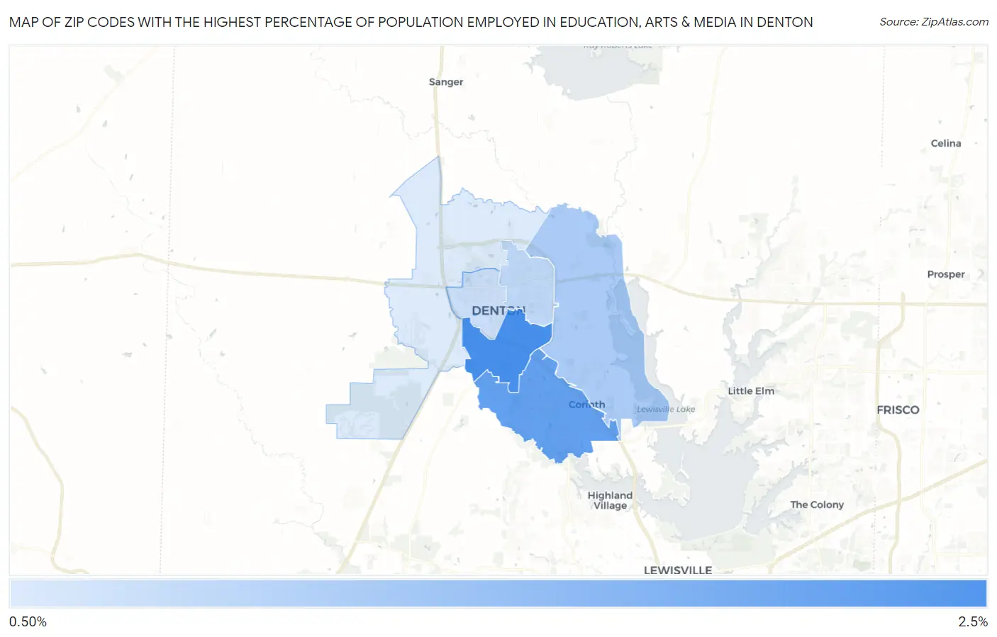 Zip Codes with the Highest Percentage of Population Employed in Education, Arts & Media in Denton Map