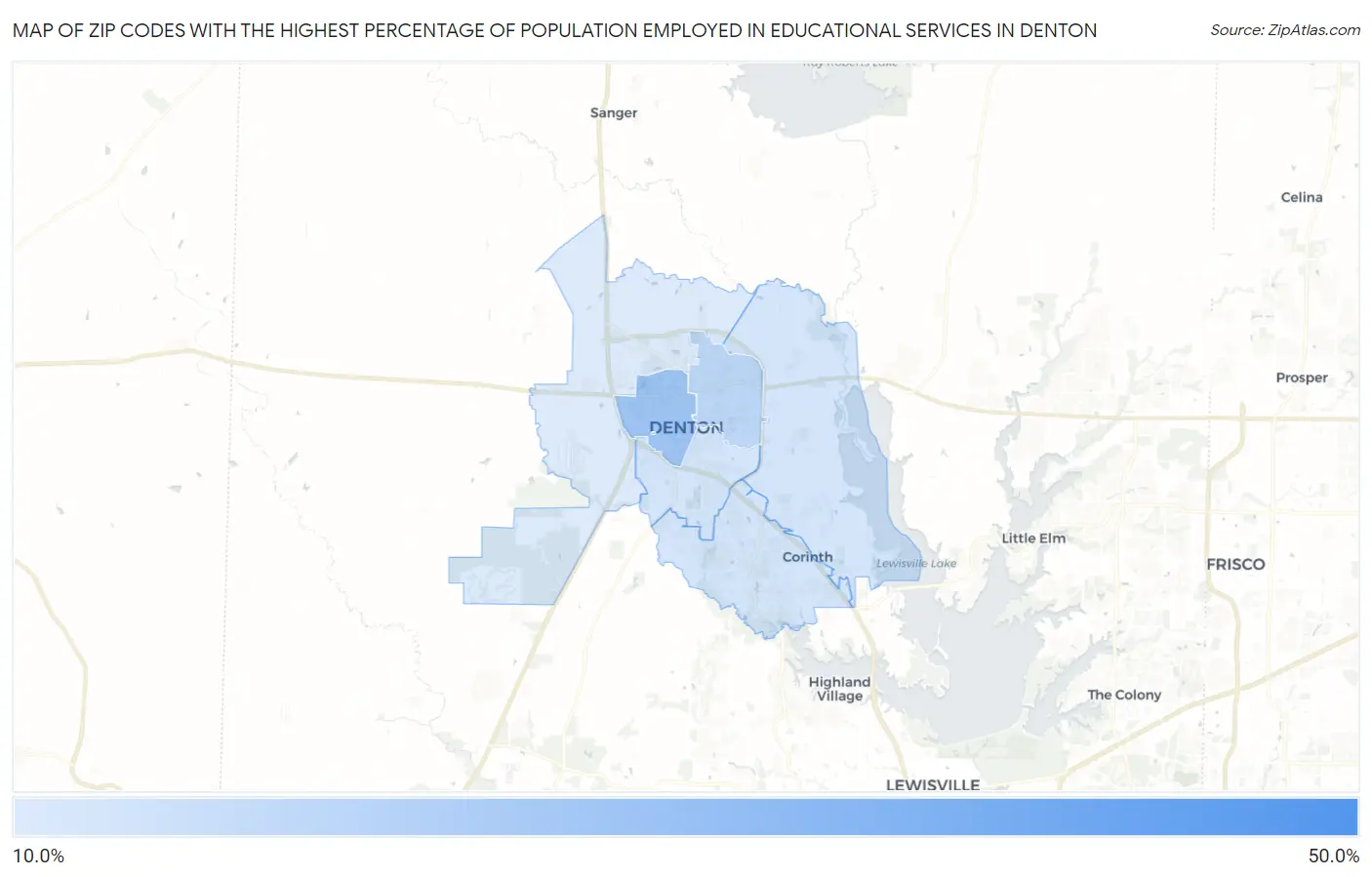 Zip Codes with the Highest Percentage of Population Employed in Educational Services in Denton Map