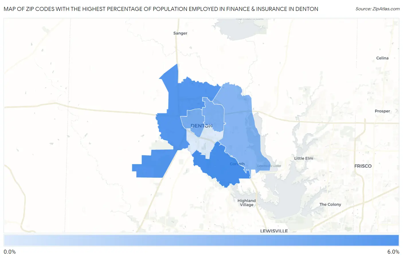Zip Codes with the Highest Percentage of Population Employed in Finance & Insurance in Denton Map