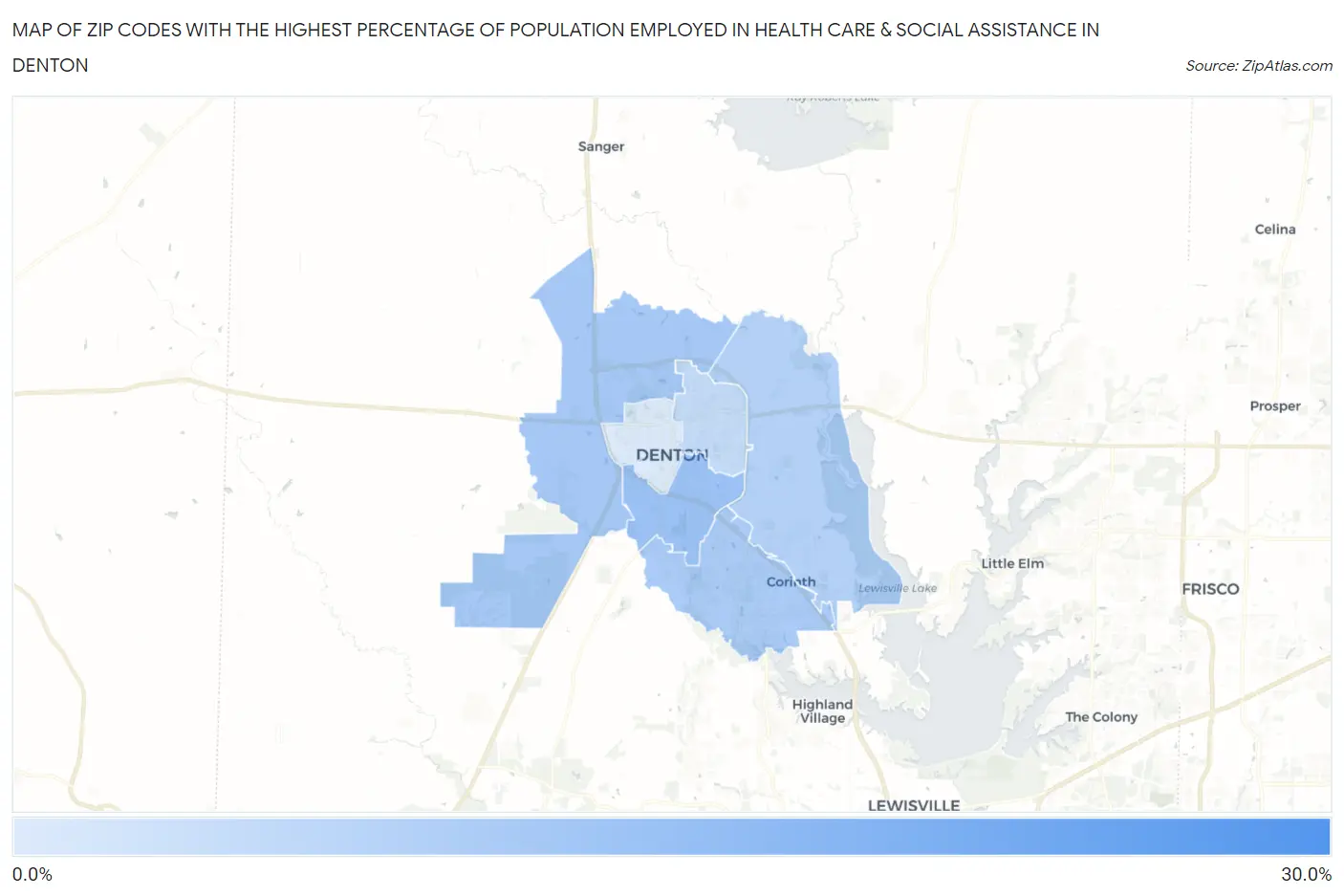 Zip Codes with the Highest Percentage of Population Employed in Health Care & Social Assistance in Denton Map