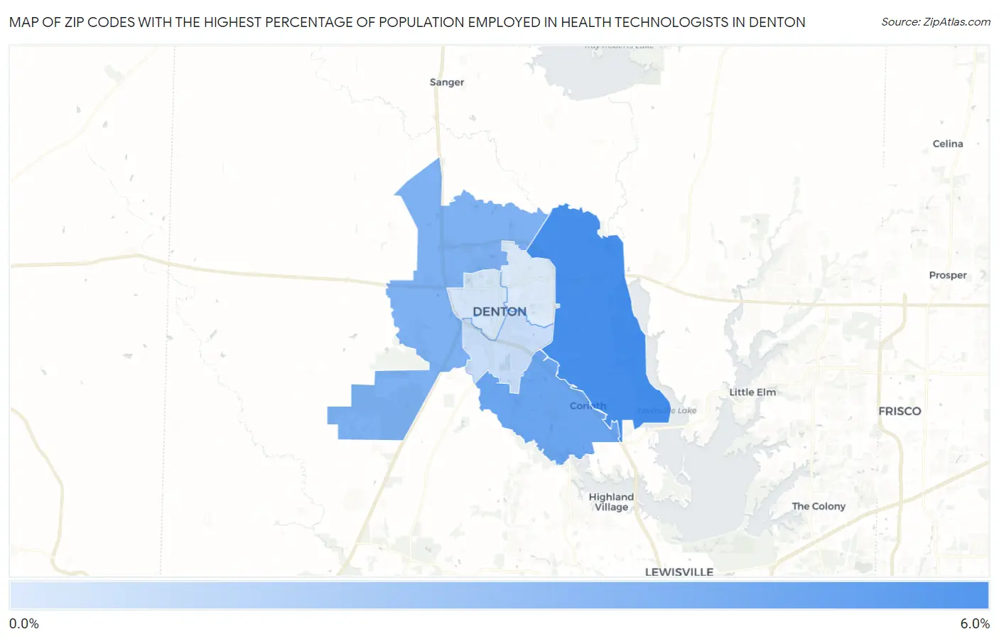 Zip Codes with the Highest Percentage of Population Employed in Health Technologists in Denton Map