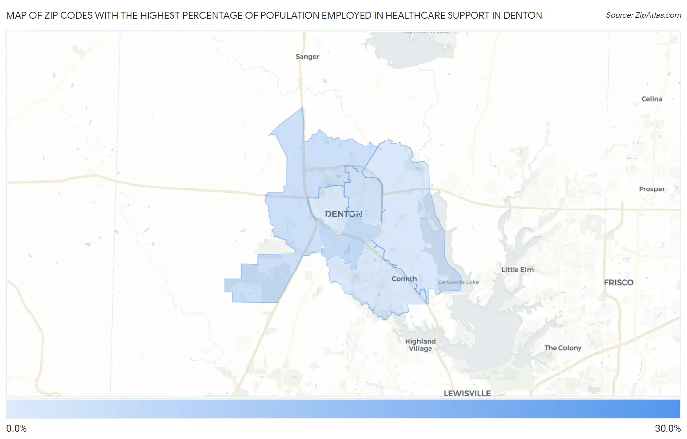 Zip Codes with the Highest Percentage of Population Employed in Healthcare Support in Denton Map