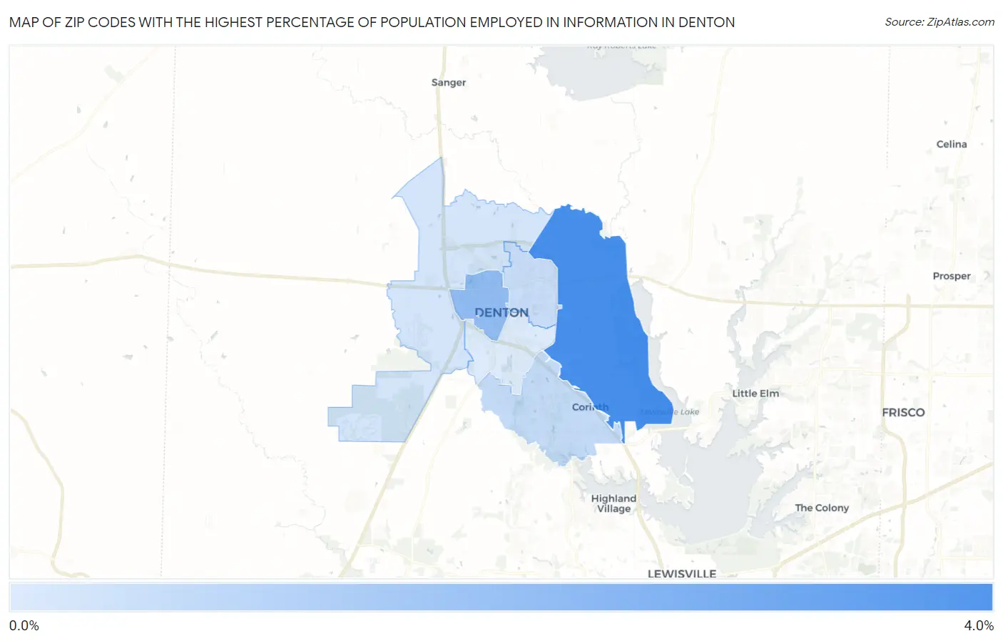 Zip Codes with the Highest Percentage of Population Employed in Information in Denton Map