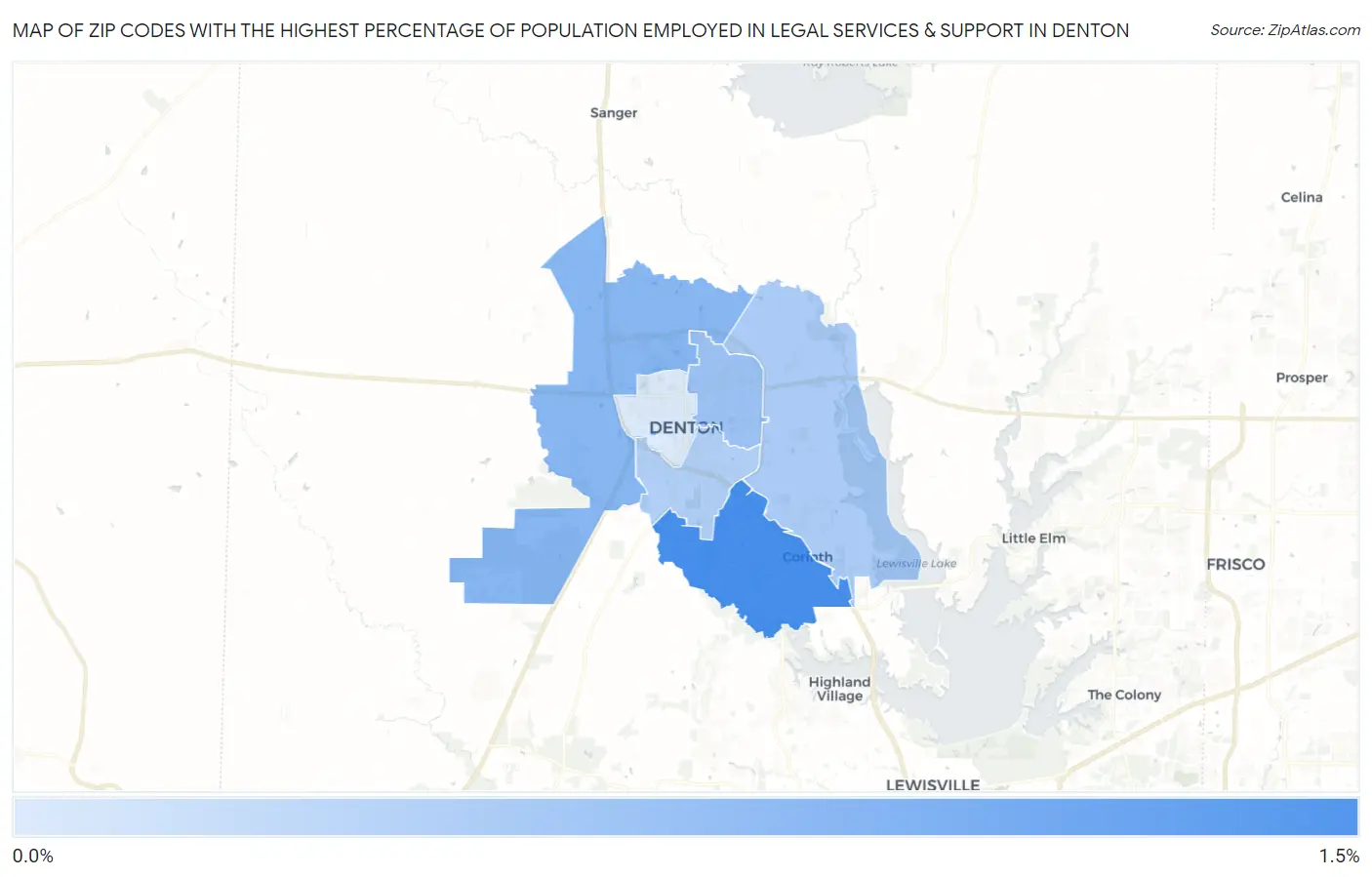 Zip Codes with the Highest Percentage of Population Employed in Legal Services & Support in Denton Map