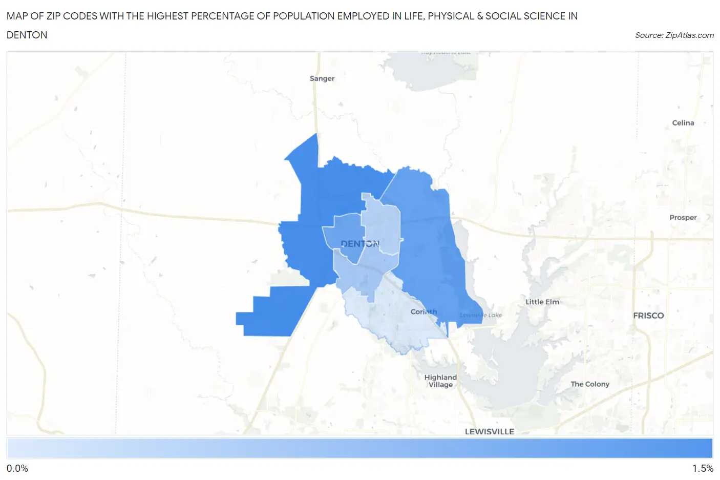 Zip Codes with the Highest Percentage of Population Employed in Life, Physical & Social Science in Denton Map