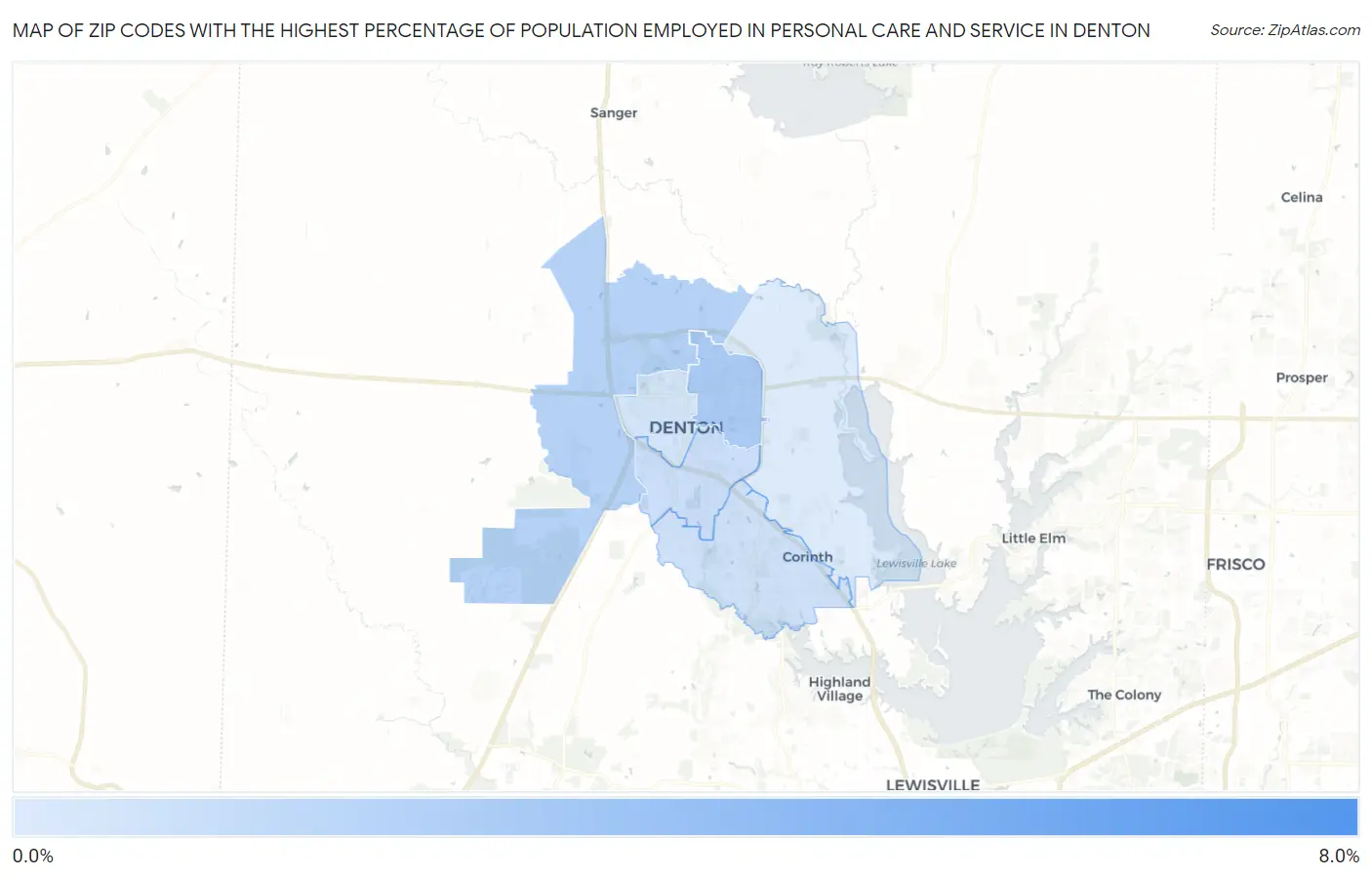 Zip Codes with the Highest Percentage of Population Employed in Personal Care and Service in Denton Map