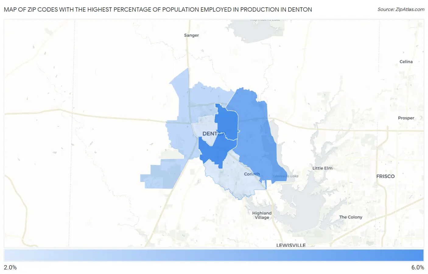 Zip Codes with the Highest Percentage of Population Employed in Production in Denton Map