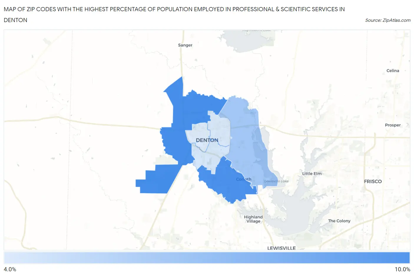 Zip Codes with the Highest Percentage of Population Employed in Professional & Scientific Services in Denton Map