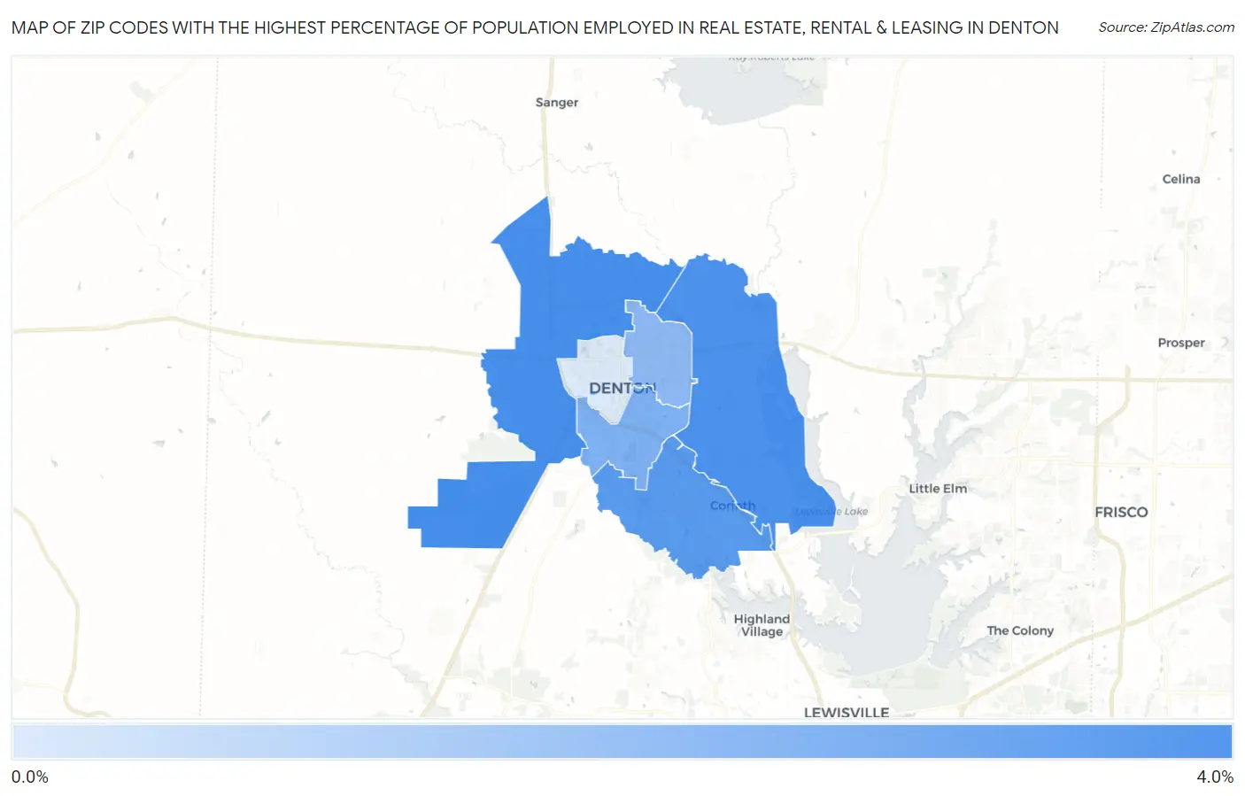 Zip Codes with the Highest Percentage of Population Employed in Real Estate, Rental & Leasing in Denton Map