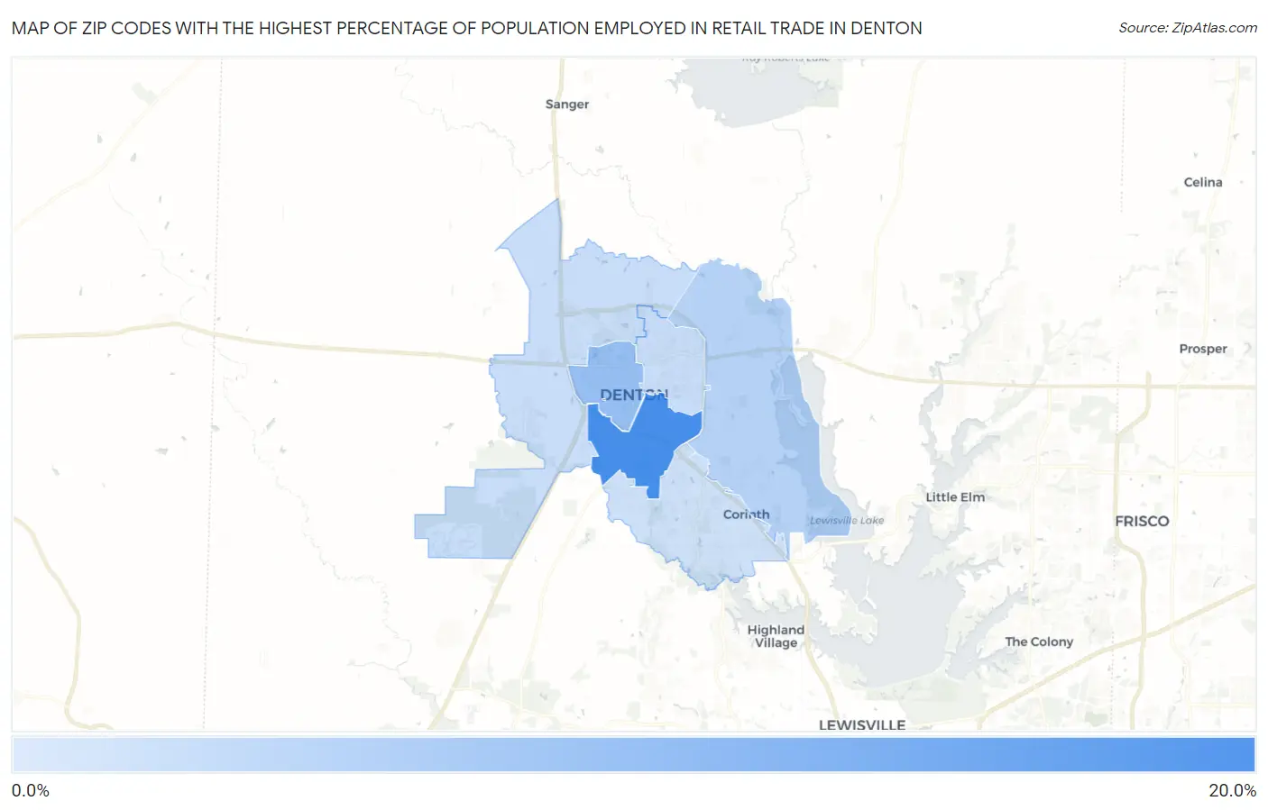 Zip Codes with the Highest Percentage of Population Employed in Retail Trade in Denton Map