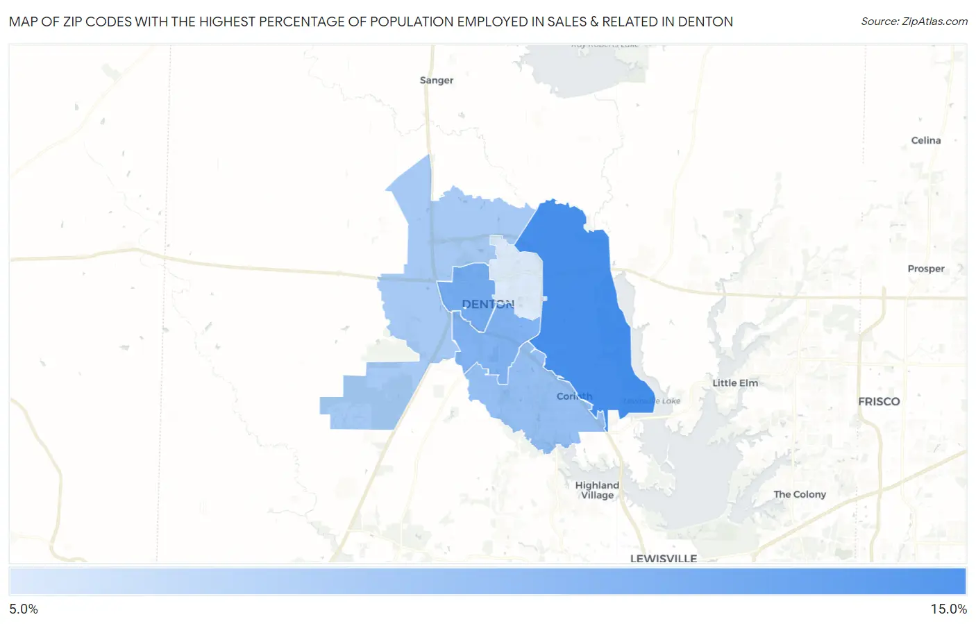 Zip Codes with the Highest Percentage of Population Employed in Sales & Related in Denton Map
