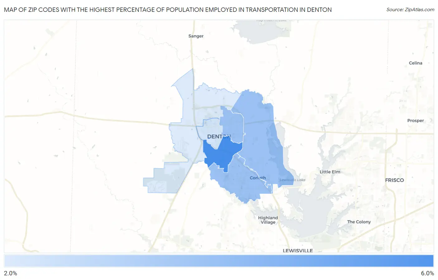 Zip Codes with the Highest Percentage of Population Employed in Transportation in Denton Map
