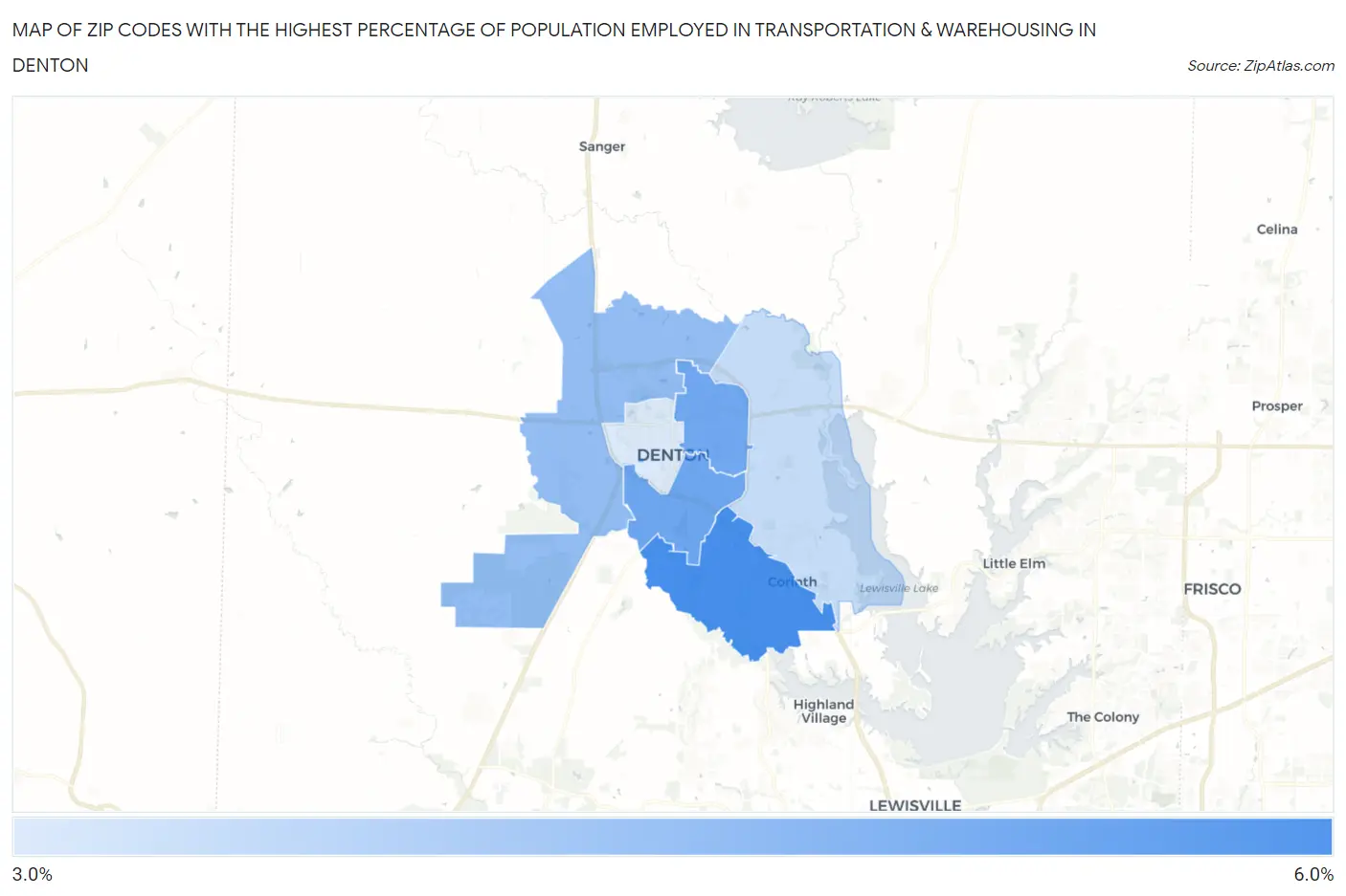 Zip Codes with the Highest Percentage of Population Employed in Transportation & Warehousing in Denton Map