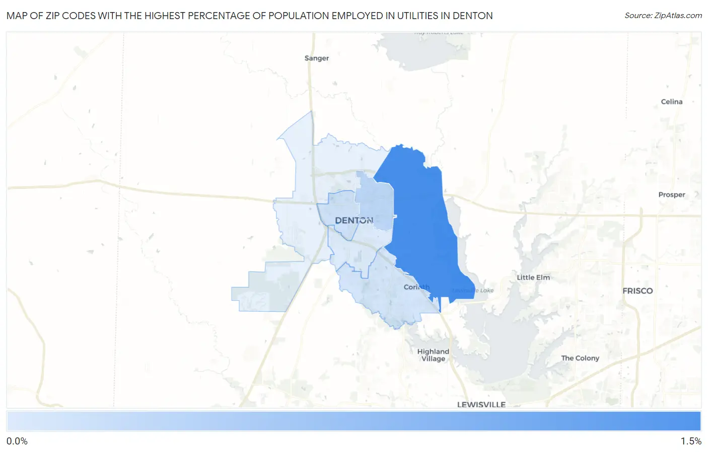 Zip Codes with the Highest Percentage of Population Employed in Utilities in Denton Map