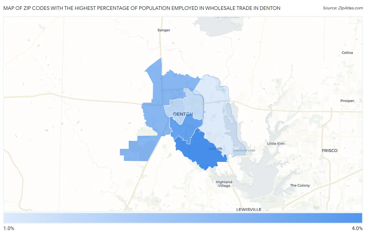 Zip Codes with the Highest Percentage of Population Employed in Wholesale Trade in Denton Map