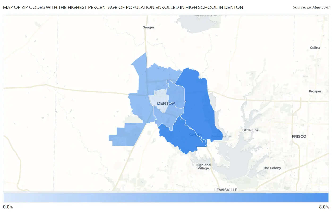 Zip Codes with the Highest Percentage of Population Enrolled in High School in Denton Map