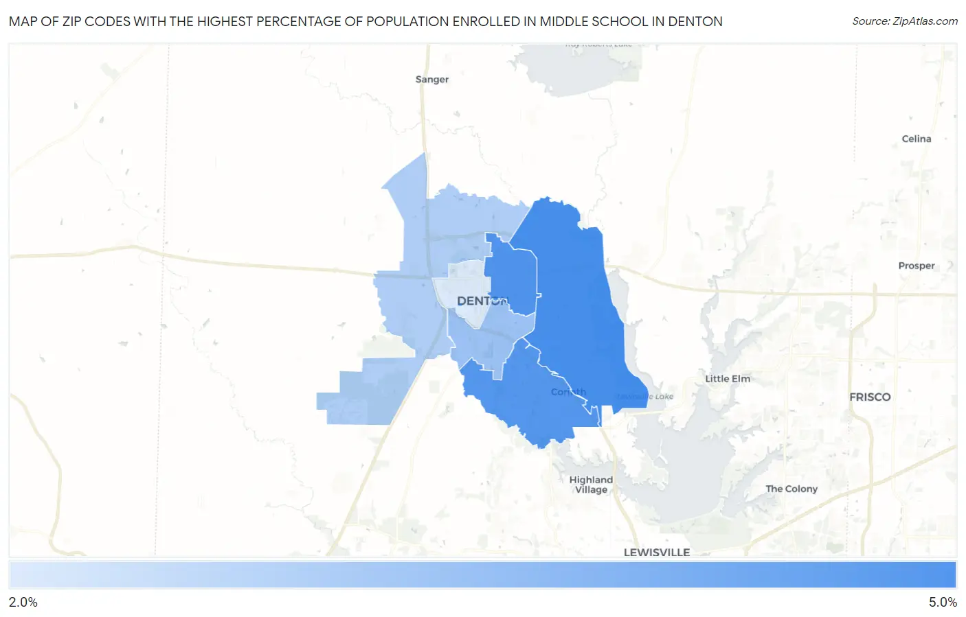 Zip Codes with the Highest Percentage of Population Enrolled in Middle School in Denton Map