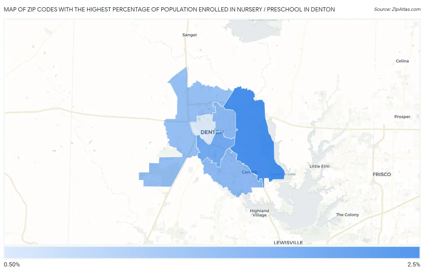 Zip Codes with the Highest Percentage of Population Enrolled in Nursery / Preschool in Denton Map