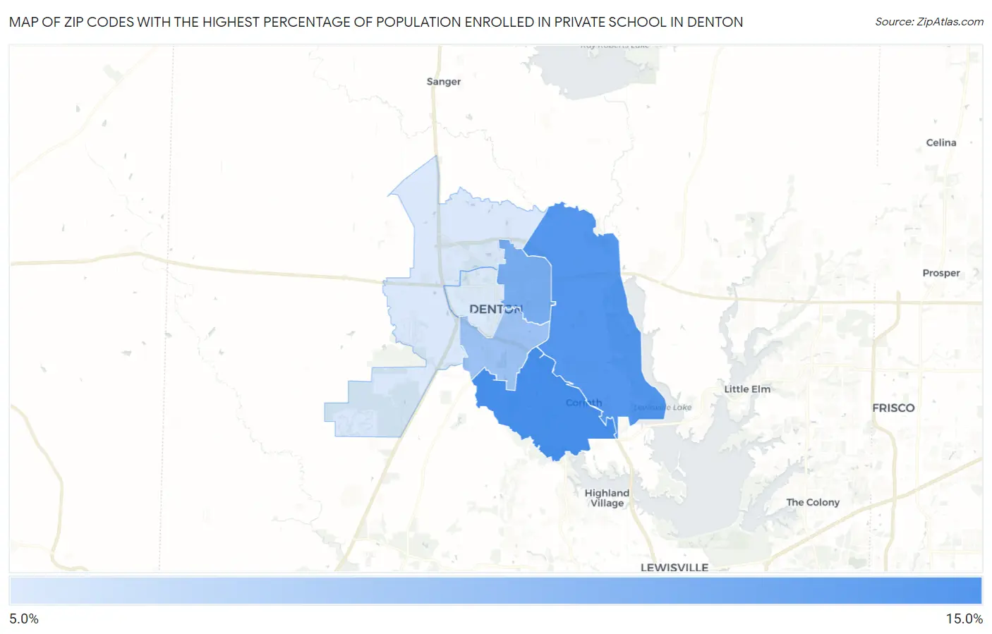 Zip Codes with the Highest Percentage of Population Enrolled in Private School in Denton Map