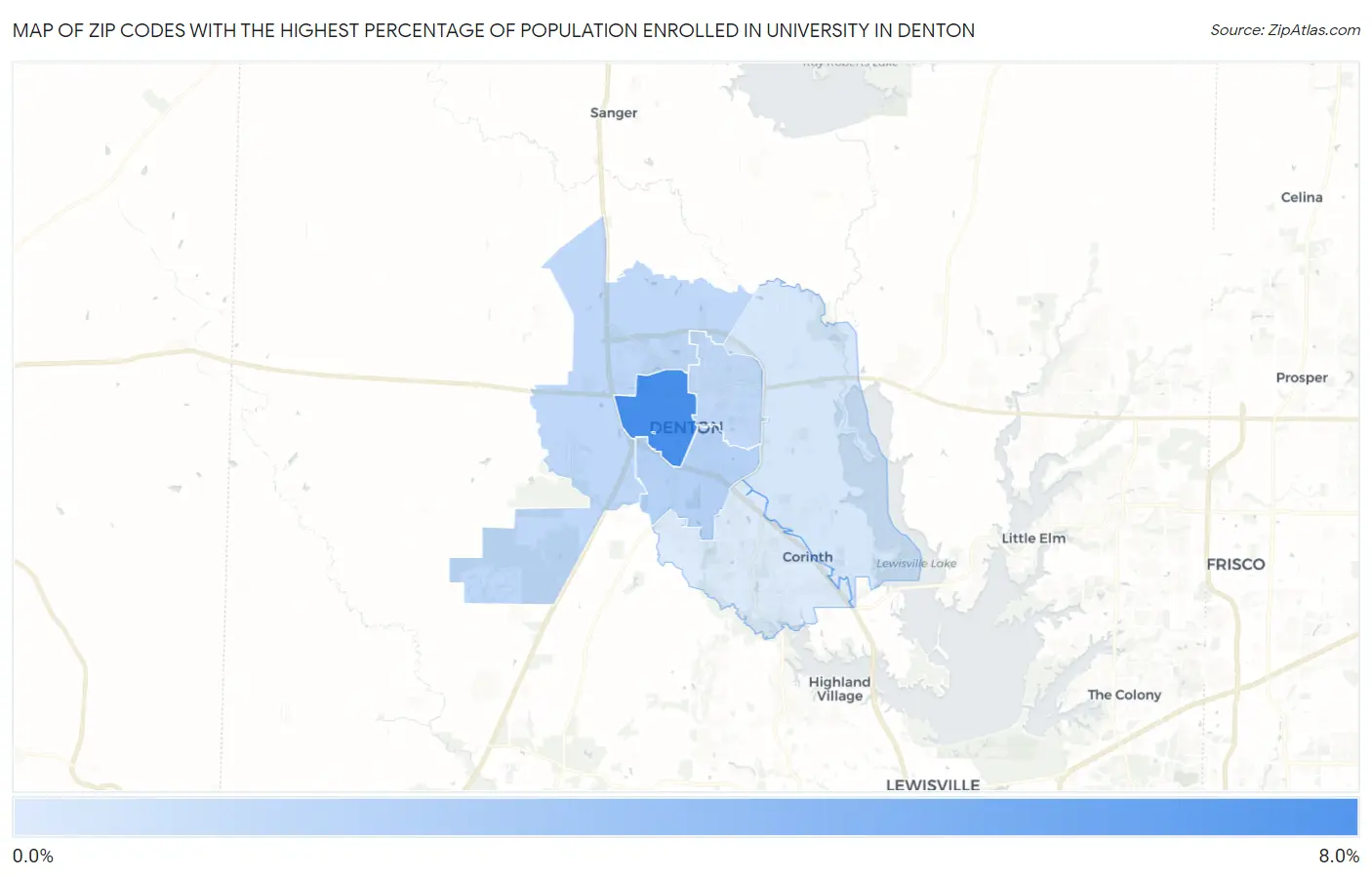 Zip Codes with the Highest Percentage of Population Enrolled in University in Denton Map