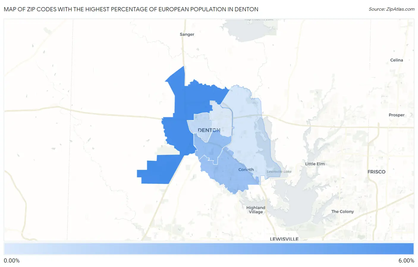 Zip Codes with the Highest Percentage of European Population in Denton Map