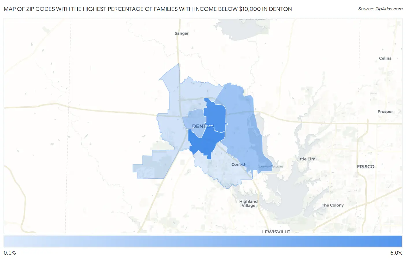 Zip Codes with the Highest Percentage of Families with Income Below $10,000 in Denton Map