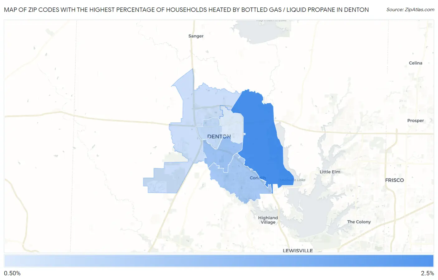 Zip Codes with the Highest Percentage of Households Heated by Bottled Gas / Liquid Propane in Denton Map