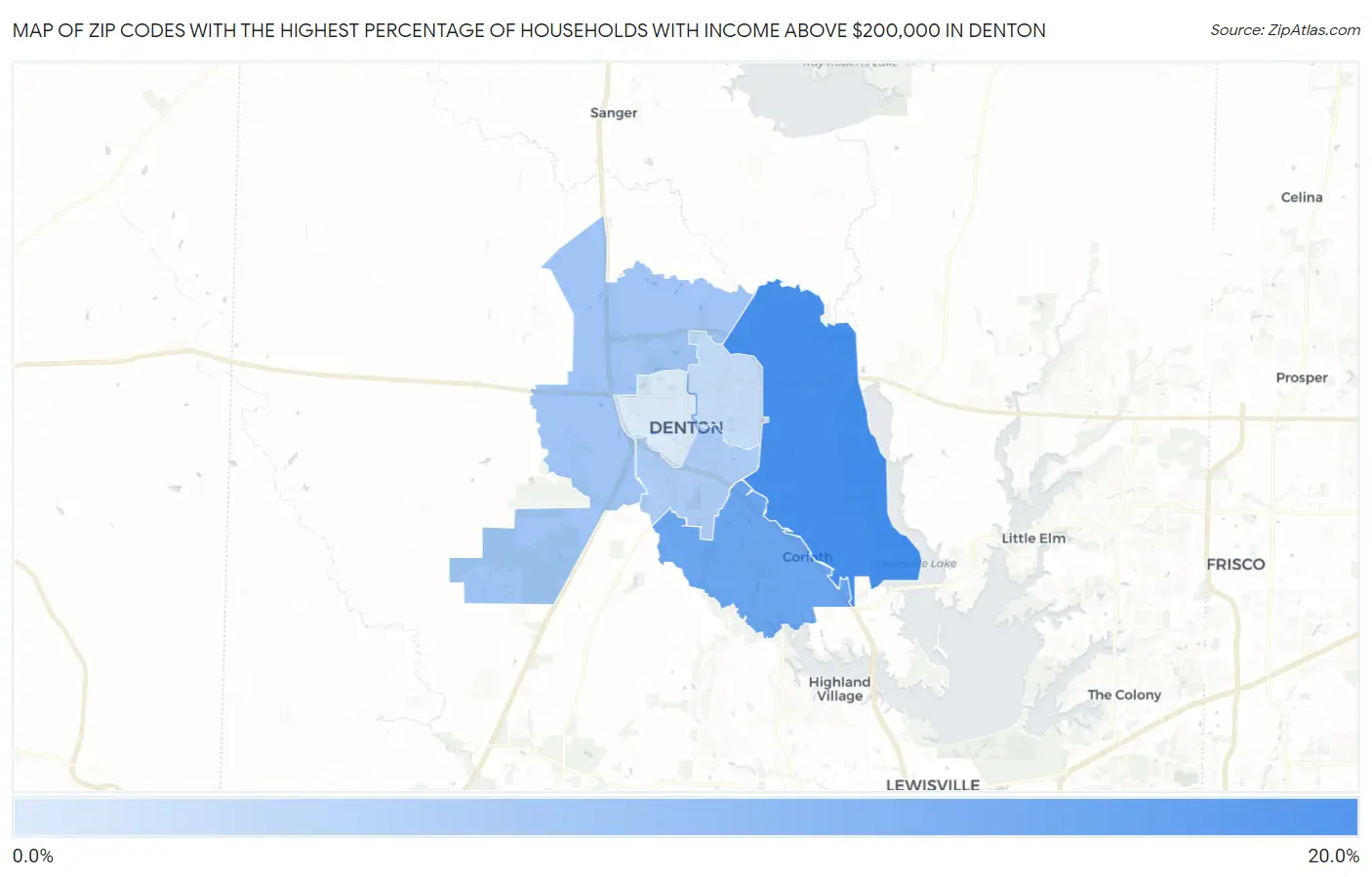 Zip Codes with the Highest Percentage of Households with Income Above $200,000 in Denton Map